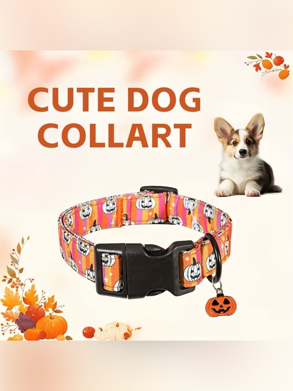 Halloween Pumpkin Dog Collar w/charm. Small, Medium or Large. - Picture 2 of 6